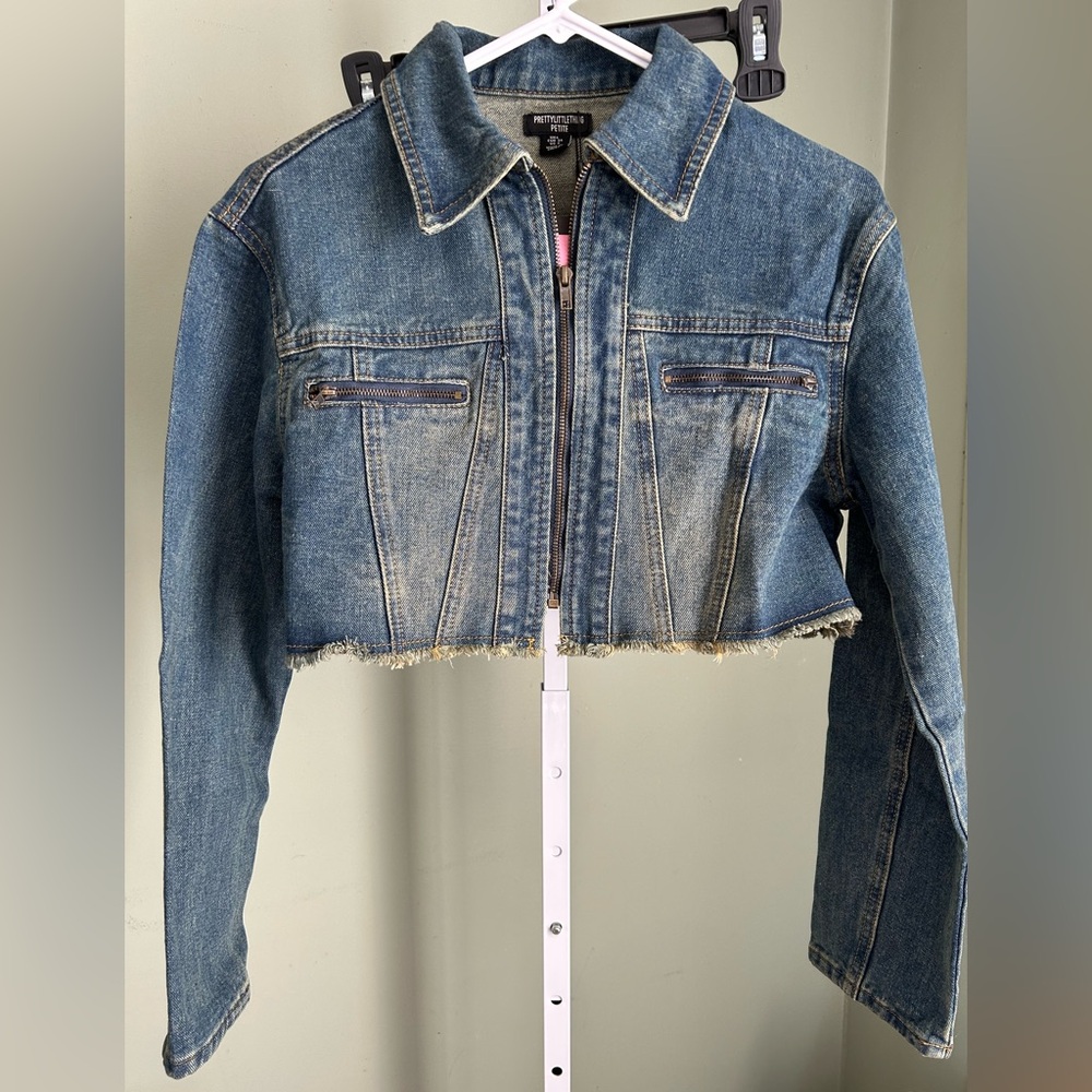 PrettyLittleThing Blue Denim Cropped Jacket with raw hem